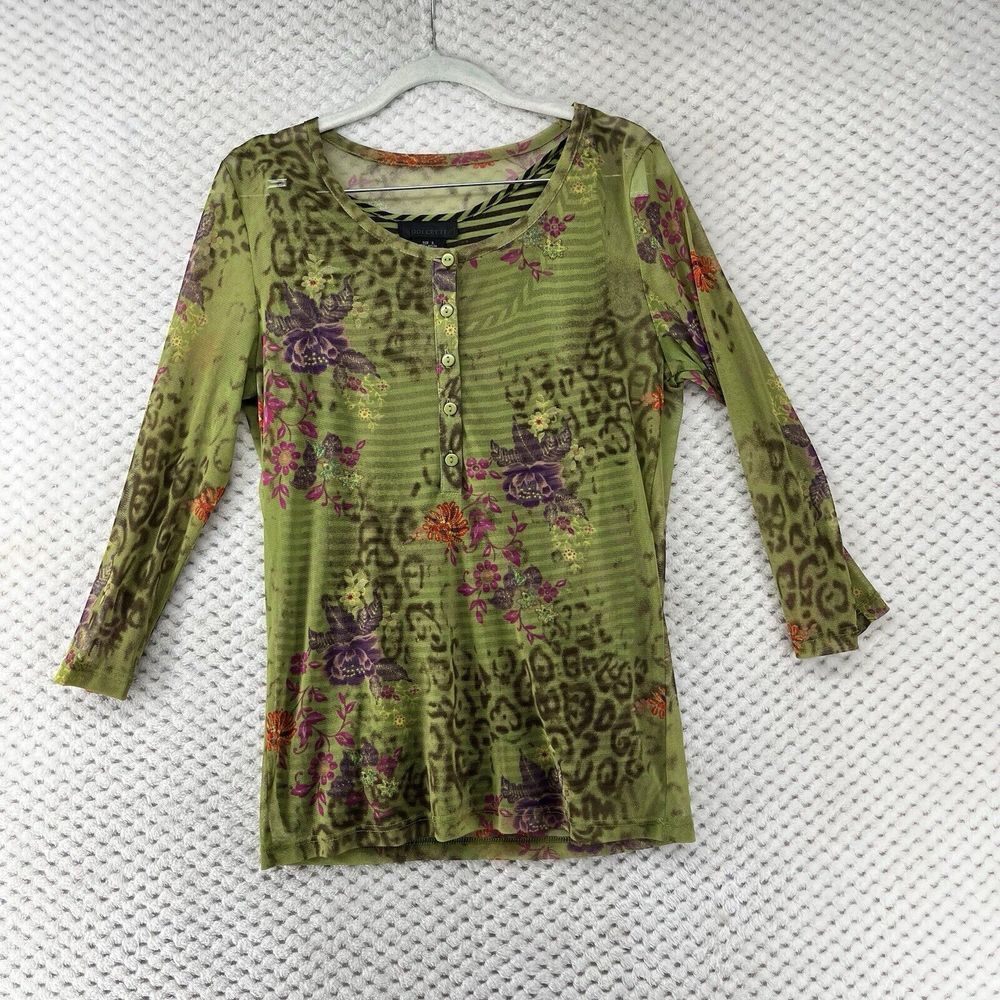 Y2K Dolcetti Floral‎ Leopard Print Button Down Top Green Sheer Long Sleeve Shirt